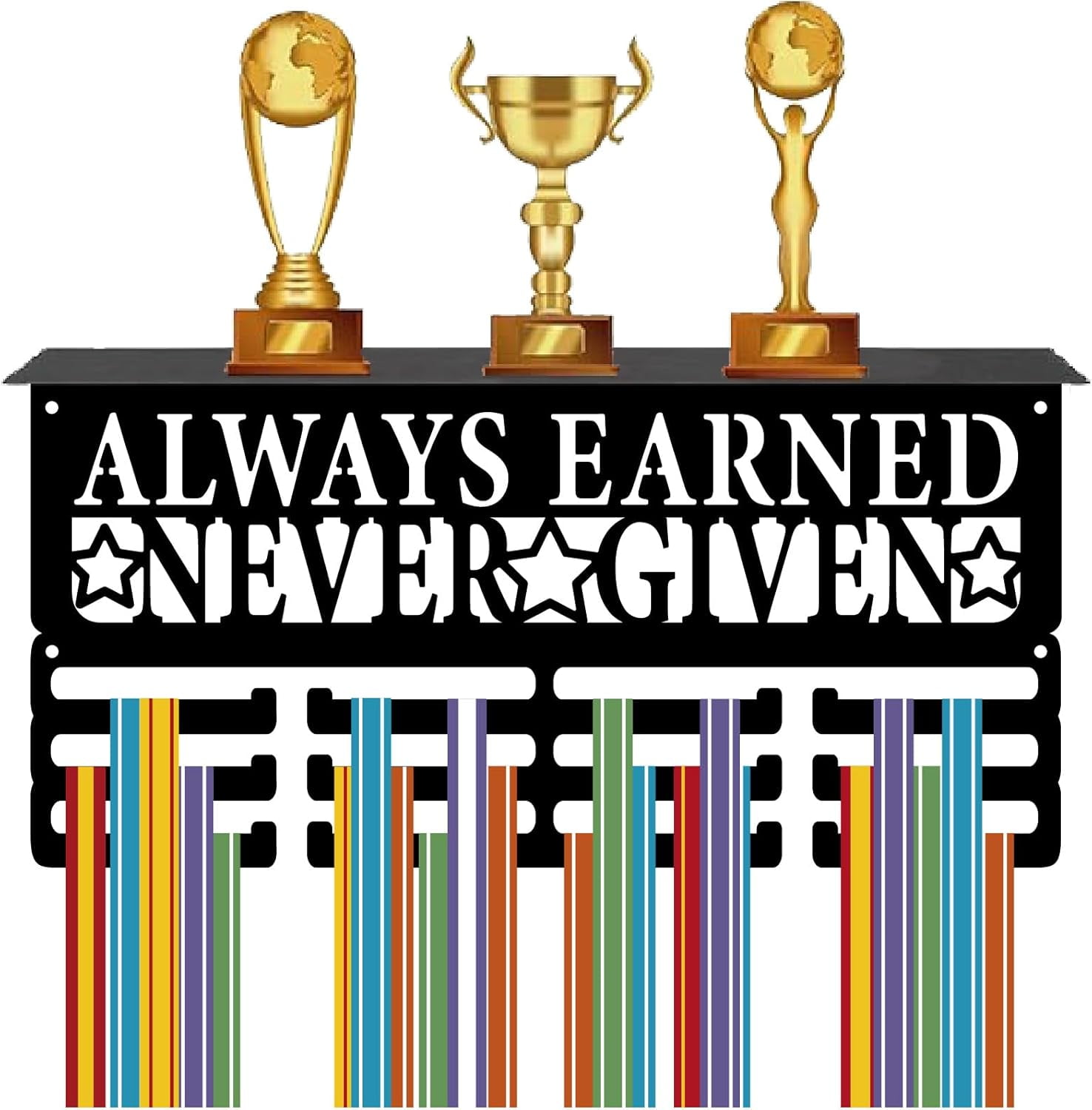 Metal Medal Holder Trophy Shelf Display with 12 Hooks Sports Black Medals Display with Shelf Awards Medal Hanger Rack for Running Football Players 11.4x5x4Inch-Always Earned Never Given