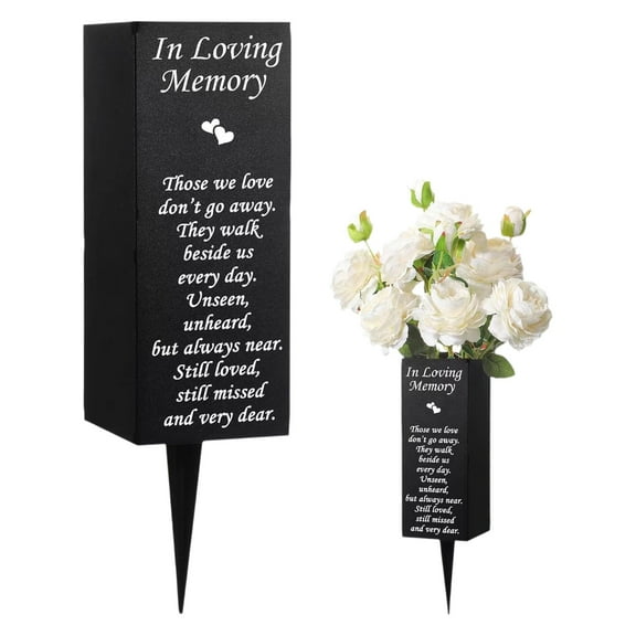 Metal Memorial Flower Stand With Spikes Warm Words Classic Love Patterns 30Cm Height 4 Drainage Holes Sturdy Metal Material For Outdoor Cemetery Garden Lawn Funeral And