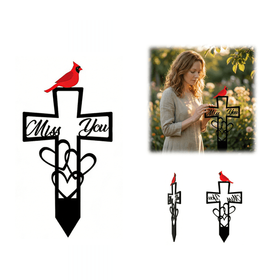 Metal Memorial Plaque for Cemetery Garden, Cardinal Grave Marker with Cross, Miss You Script & Heart, Outdoor Sympathy Gift Stake