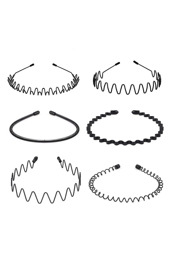 Metal Men Headbands Women Hair Bands, Unisex Black Wavy, Daily Outdoor Sports Headbands, Fashion Simple Elastic Non Slip Hair Accessories (6pcs)