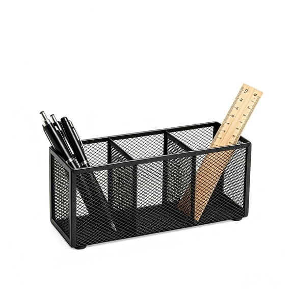 Metal Mesh 3-Compartment Desk Organizer, Multi-Purpose Pen Holder for Office,Classroom,Dormitory, Vanity,Black