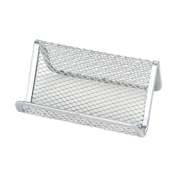Metal Mesh Business Card Holder for Desk, Stylish Desktop Organizer Stand for Name Cards and Mobile Phones, Durable Office Accessory Display Rack, Sleek Silver