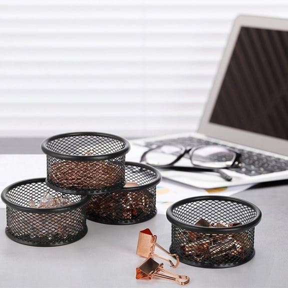 Metal Mesh Clip Holder, Stackable Round Wire Organizer, Paper Clips and Pins Storage, Non-Slip Base, Black, 1 Pack
