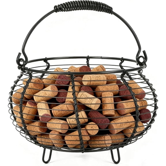 Metal Mesh Cork Holder Basket, Decorative Wine Cork Collector with Rope Handle, Rustic Farmhouse Kitchen Bar Decor, Black