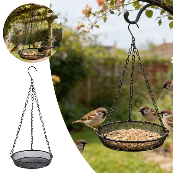 Black Mesh Hanging Bird Feeder Tray, 7.2" Metal Seed Tray with Chains, Open Design for Wild Birds