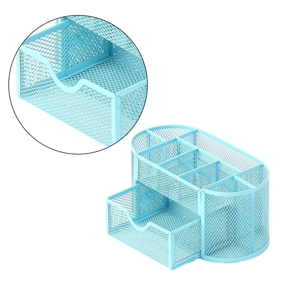 Metal Mesh Desk Organisers and Pen Holder with Sliding Drawer and 8 Compartments, Multifunctional Office Desk Organisers