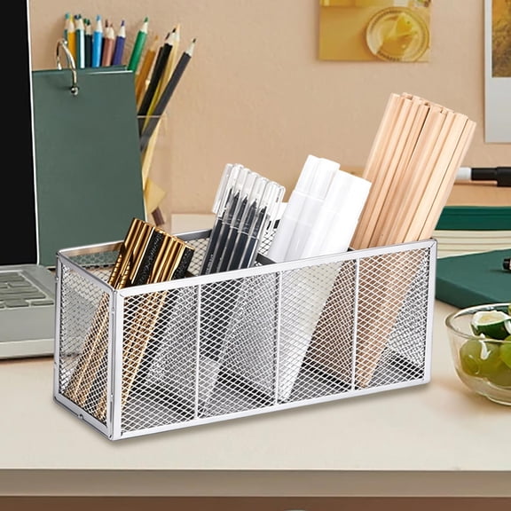 Metal Mesh Desk Organizer 4 Compartment Pen Pencil Holder with Nonslip Base for Office Home Classroom Storage