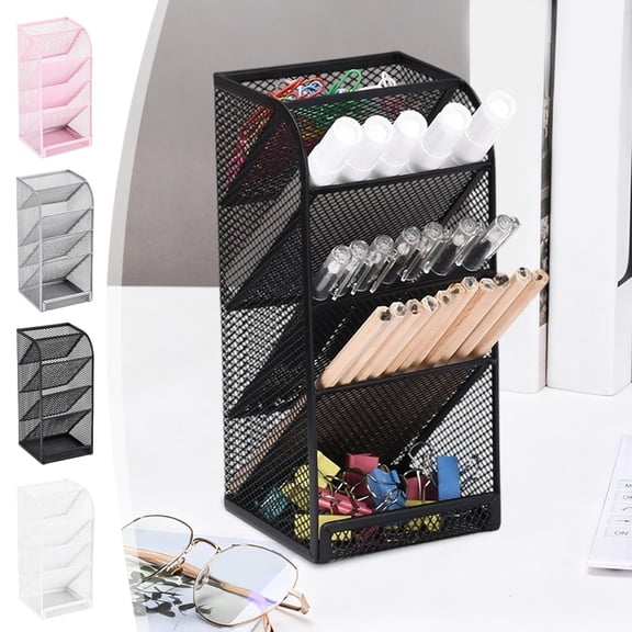 Metal Mesh Desk Organizer Pen Holder – Multi Compartment Office Supply Caddy, Slanted Slots, Standing or Flat Space Saving Design, Multi-Purpose Storage