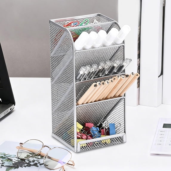 Metal Mesh Desk Organizer Pen Holder With Slanted Compartments for Office Makeup Brushes and Small Supplies Storage