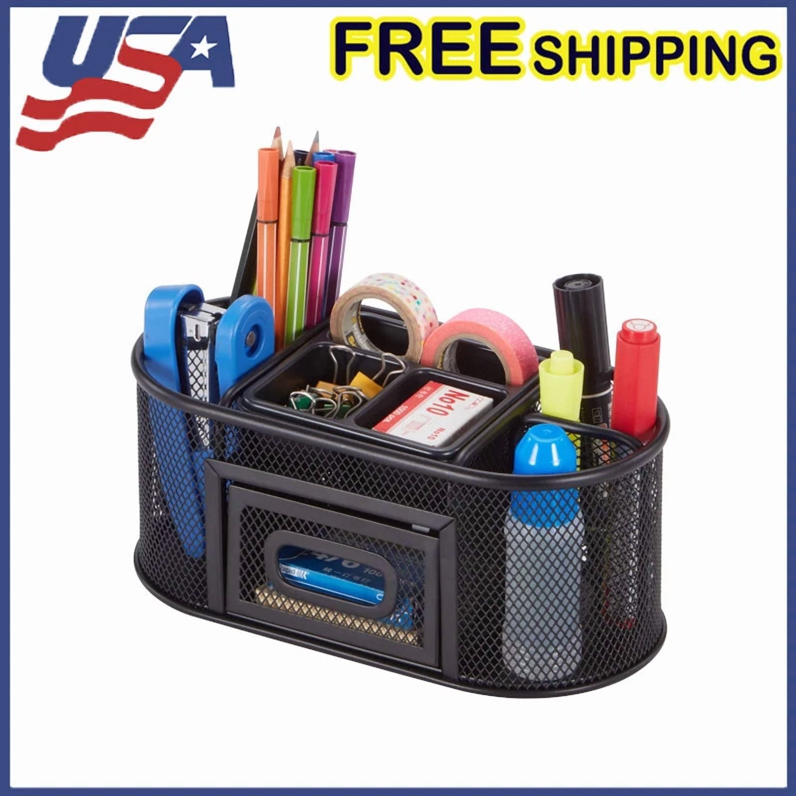 Metal Mesh Desktop Organizer 8 Compartment Storage Pen Pencil Box Open Drawer Us