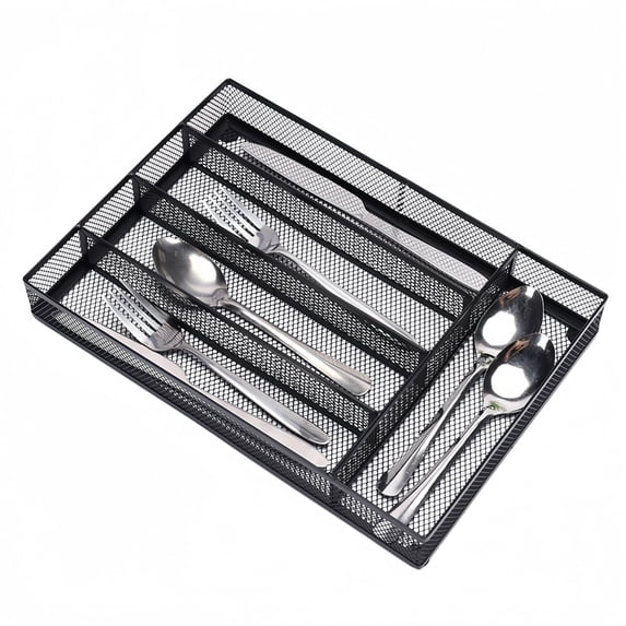 Metal Mesh Drawer Organizer, 5 Compartment Silverware Tray for Kitchen, Office Desk, Flatware Cutlery Storage, Black, 12.6"x8.6"