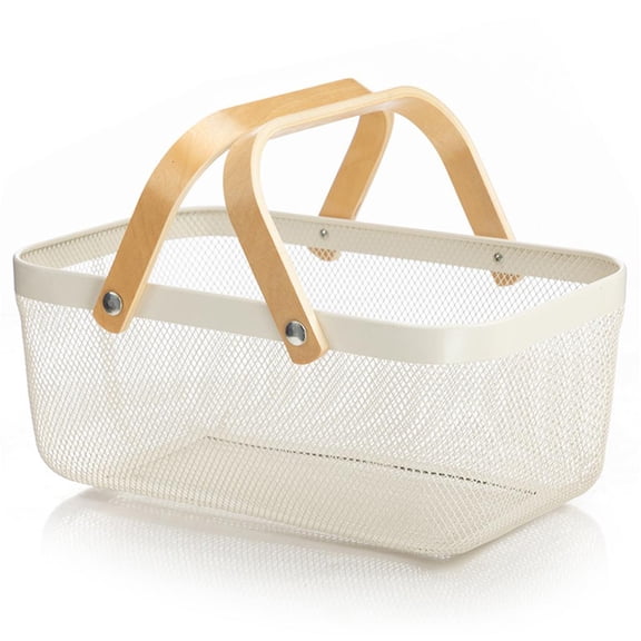 Nordic Metal Mesh Fruit Basket Bin with Double Wooden Handle Multi-functional Wrought Iron Wire Rectangle Storage for Kithen Bathroom