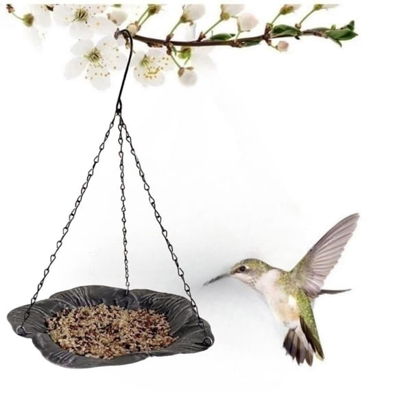 Vintage Flower-Shaped Metal Mesh Hanging Bird Feeder, 14" Bronze Tray with Adjustable Chains, Rust-Proof