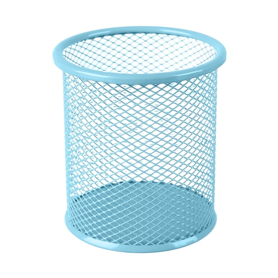 Metal Mesh Pen Holder Cup, 3.74-Inch Round Pencil Organizer for Pens, Markers, Scissors, Brushes and Desktop Office Supplies, Light Blue