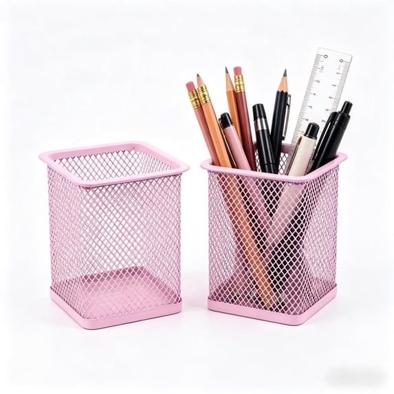 Metal Mesh Pen Holder for Desk Pencil Cup Holder Pen Organizer for Classroom, Office, Home,Makeup,Art (2 Pcs,Pink)