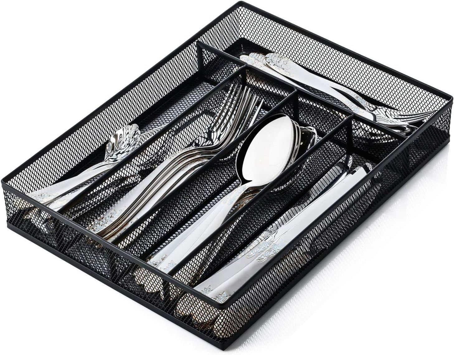 Metal Mesh, Small Drawer Organizer, Utensil Cutlery Tray for kitchen drawers, Flatware Organizer with 5 Compartment, Black(9.3"*12.6")