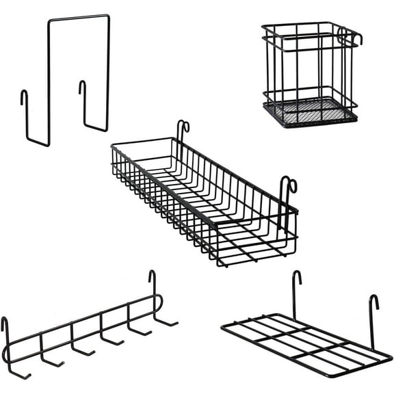 Metal Mesh Wall Grid Panel Hanging Basket,Display Shelf,Pen Holder,Hooks Rack,Bookshelf,Decorative Desk Storage Organizer for Office,Study,Set of 5 (Black)