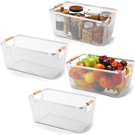 Metal Mesh Wire Baskets with Wooden Handles for Organizing, Pantry Organizers and Storage Steel Bin Kitchen Baskets for Fruit Potato Onion Snacks Bathroom Cabinet