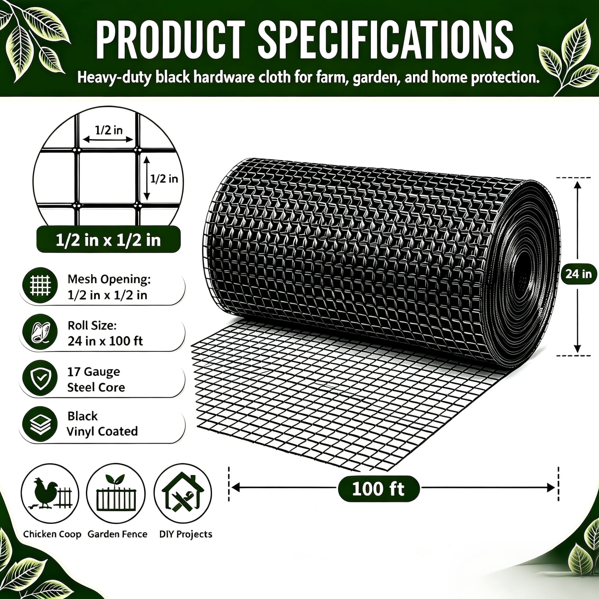 Metal Mesh with 1/2-Inch Welded Chicken Wire 24x100 FT, Black Hardware Cloth and Garden Plant Fencing for Chicken Coops Home Renovation, Black