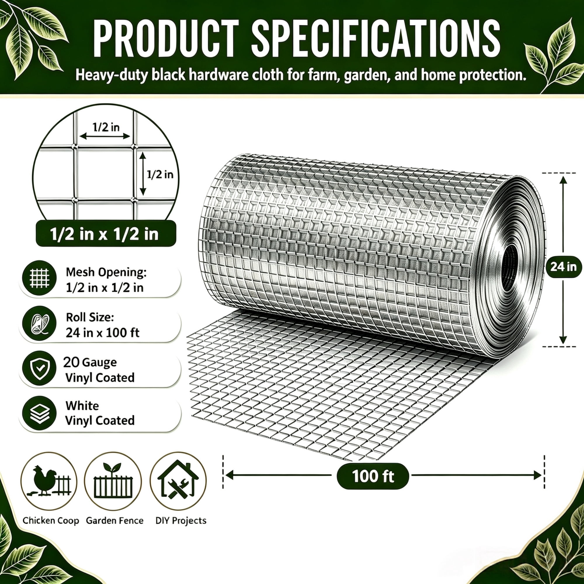 Metal Mesh with 1/2-Inch Welded Chicken Wire 24x100 FT, White Hardware Cloth and Garden Plant Fencing for Chicken Coops Home Renovation, White
