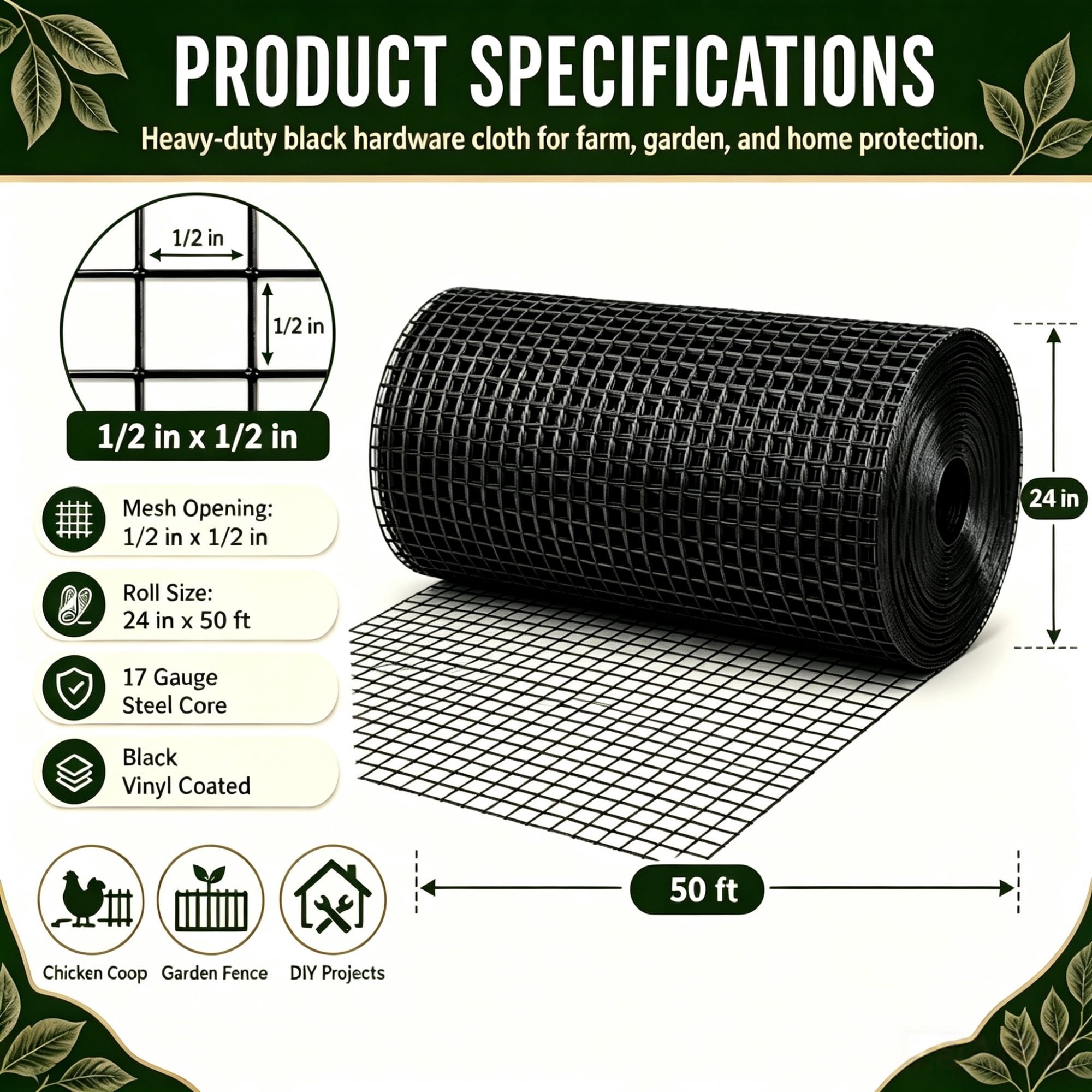 Metal Mesh with 1/2-Inch Welded Chicken Wire 24x50 FT, Black Hardware Cloth and Garden Plant Fencing for Chicken Coops Home Renovation, Black
