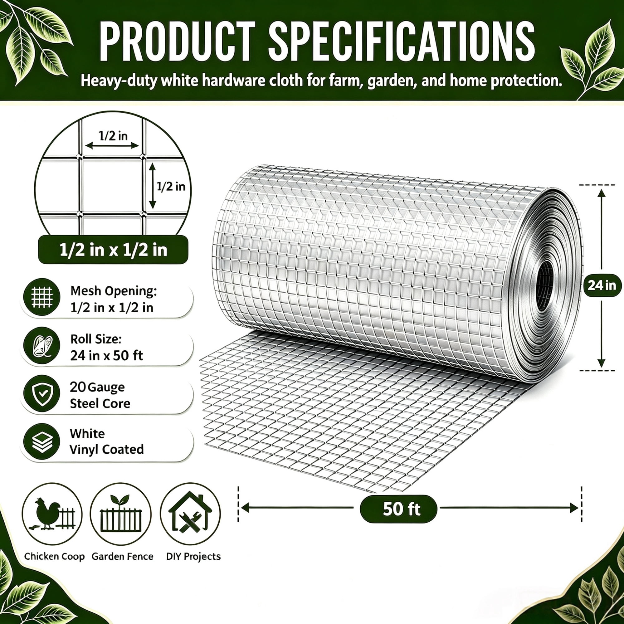 Metal Mesh with 1/2-Inch Welded Chicken Wire 24x50 FT, White Hardware Cloth and Garden Plant Fencing for Chicken Coops Home Renovation, White
