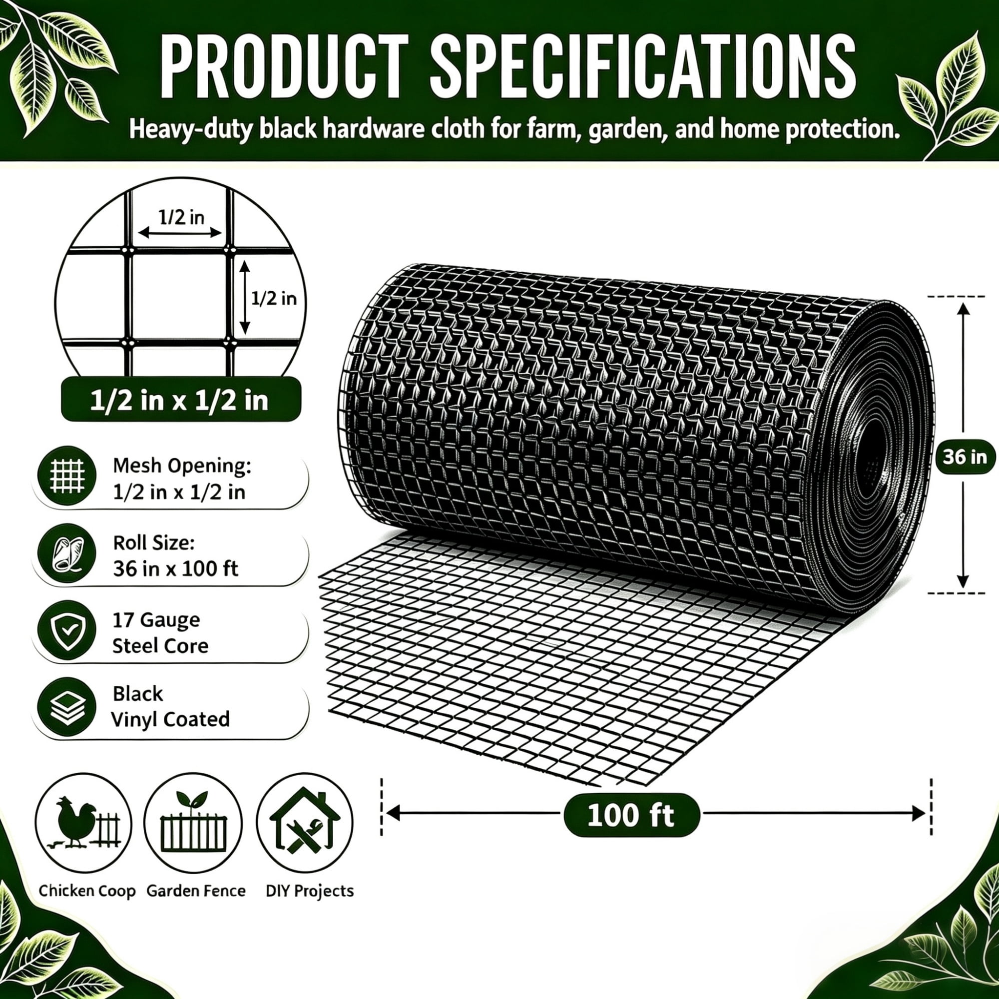 Metal Mesh with 1/2-Inch Welded Chicken Wire 36x100 FT, Black Hardware Cloth and Garden Plant Fencing for Chicken Coops Home Renovation, Black