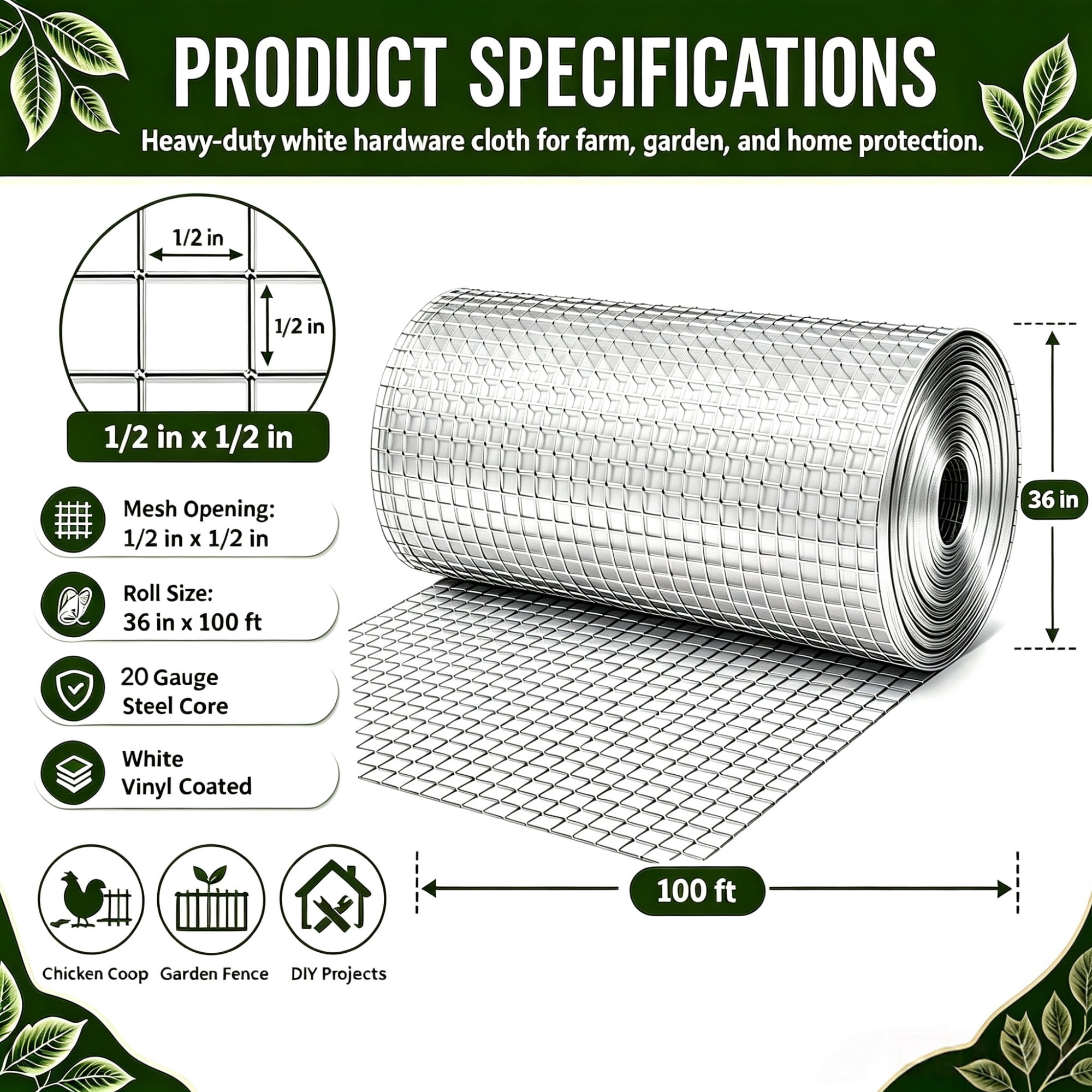Metal Mesh with 1/2-Inch Welded Chicken Wire 36x100 FT, White Hardware Cloth and Garden Plant Fencing for Chicken Coops Home Renovation, White