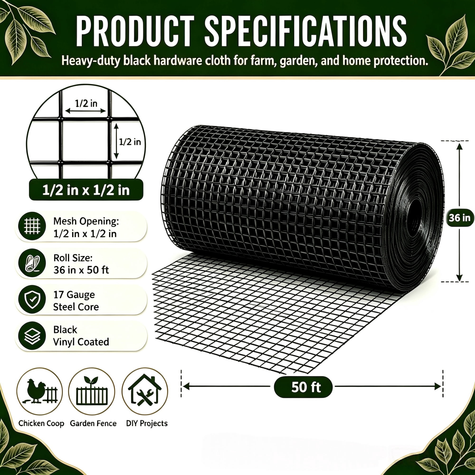 Metal Mesh with 1/2-Inch Welded Chicken Wire 36x50 FT, Black Hardware Cloth and Garden Plant Fencing for Chicken Coops Home Renovation, Black