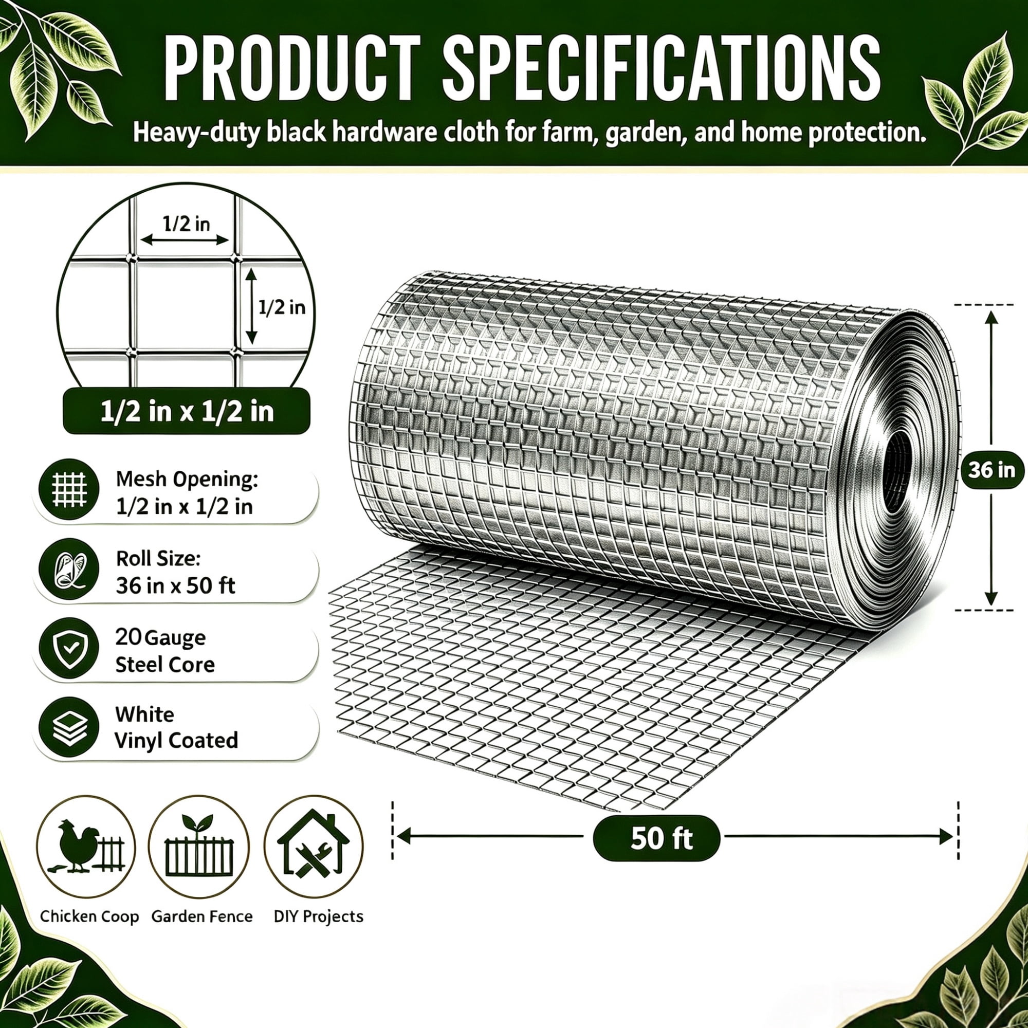 Metal Mesh with 1/2-Inch Welded Chicken Wire 36x50 FT, White Hardware Cloth and Garden Plant Fencing for Chicken Coops Home Renovation, White