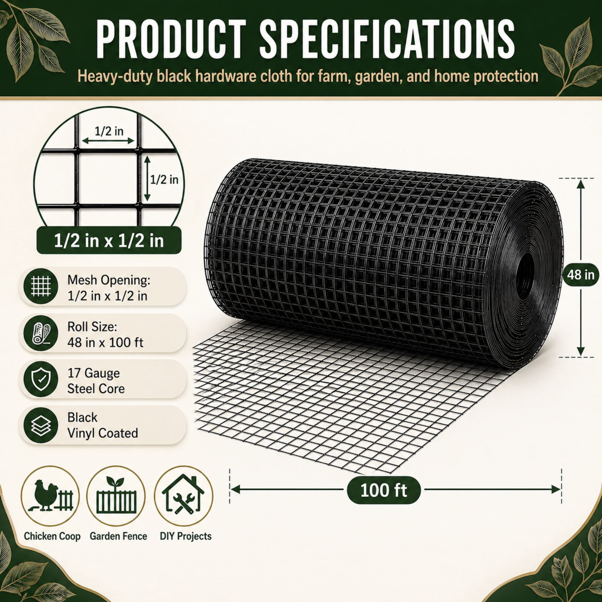 Metal Mesh with 1/2-Inch Welded Chicken Wire 48x100 FT, Black Hardware Cloth and Garden Plant Fencing for Chicken Coops Home Renovation, Black