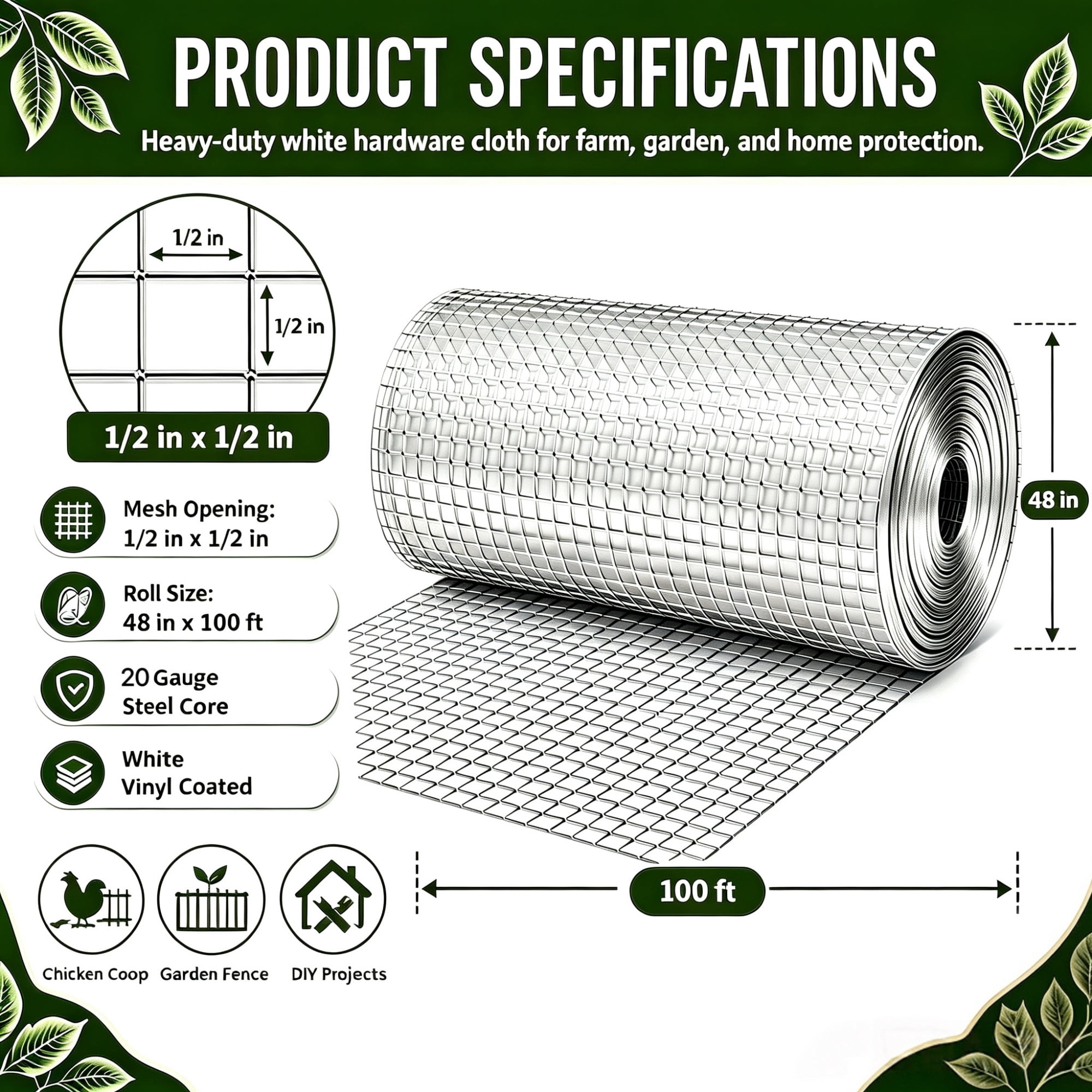 Metal Mesh with 1/2-Inch Welded Chicken Wire 48x100 FT, White Hardware Cloth and Garden Plant Fencing for Chicken Coops Home Renovation, White