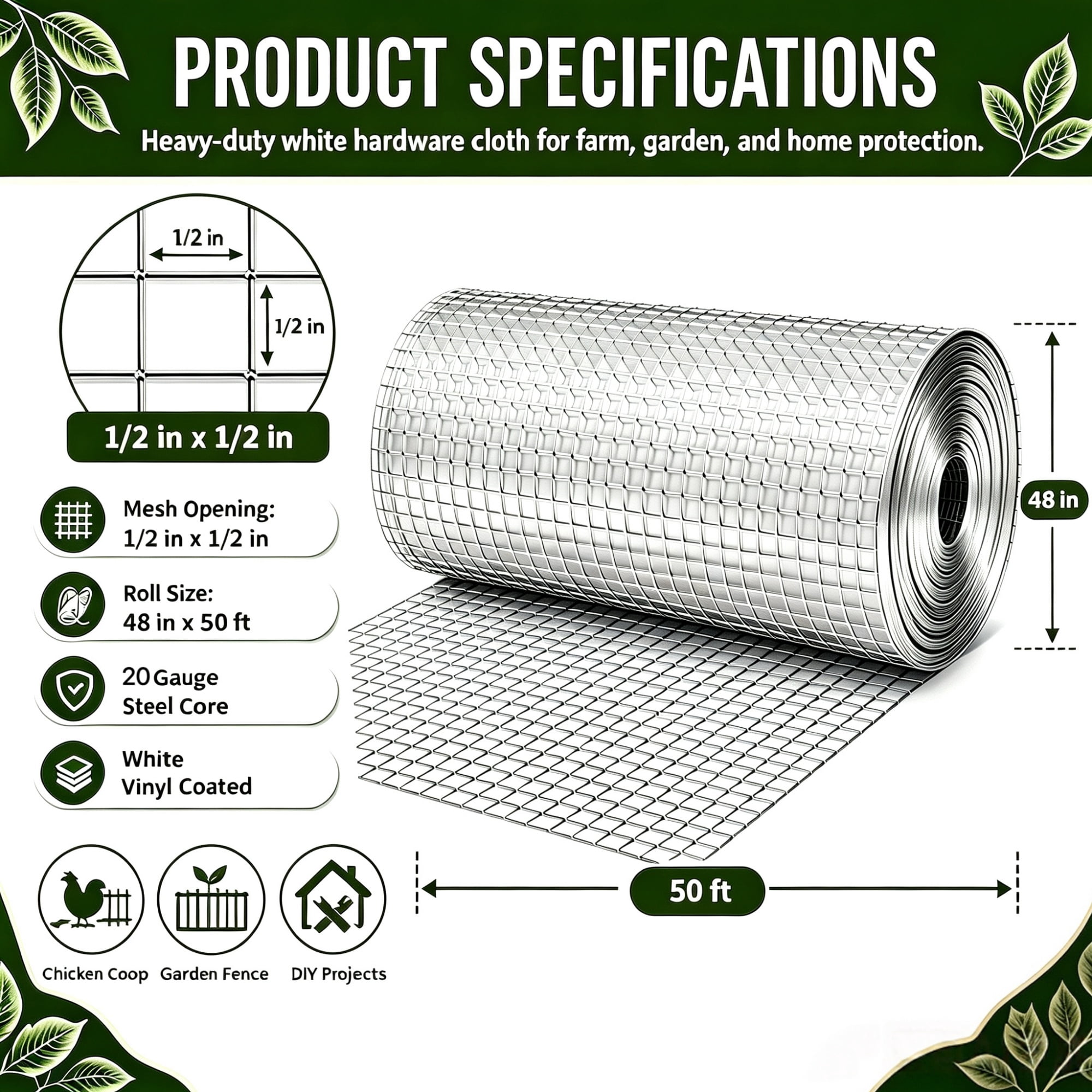 Metal Mesh with 1/2-Inch Welded Chicken Wire 48x50 FT, White Hardware Cloth and Garden Plant Fencing for Chicken Coops Home Renovation, White