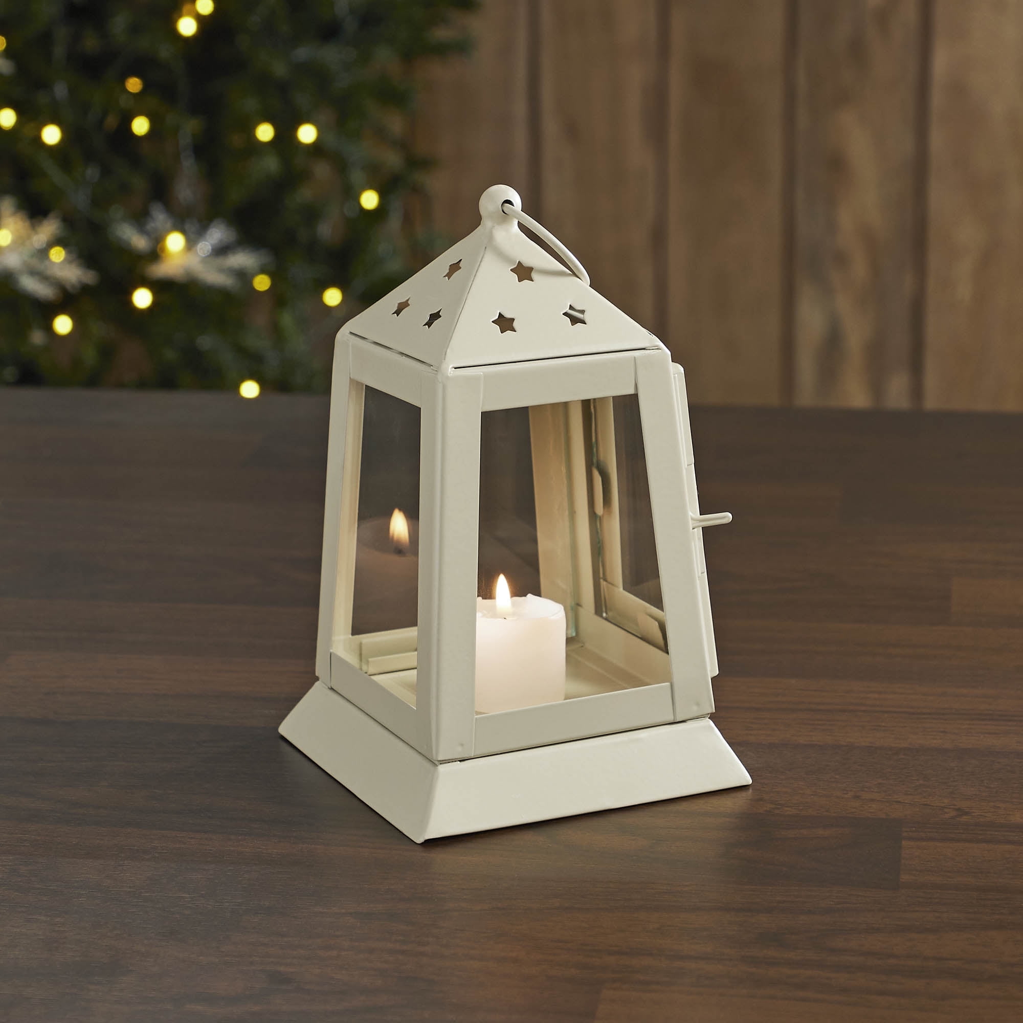 Antique White Metal and Glass Hanging Tealight Lantern