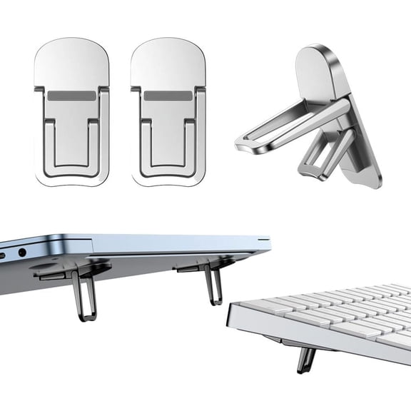 Metal Mini Foldable Laptop Stand 4 Pack, Portable Computer Keyboard Riser with 2 Adjustable Angles, Self-Adhesive Low Profile Notebook Stand for Desk (Silver)