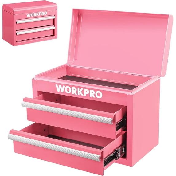 Metal Mini Tool Box, Top Tool Chest containing Two Drawers with Ball Bearing Slides, PVC Drawer Liners and PP Feet Pads, Cold Rolled Steel Small for Multi-Purpose Storage - Pink Ribbon
