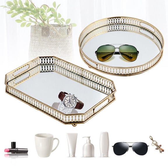 Metal & Mirror Glass Octagon Mirror Surface Tray Luxury Makeup Perfume Holder US
