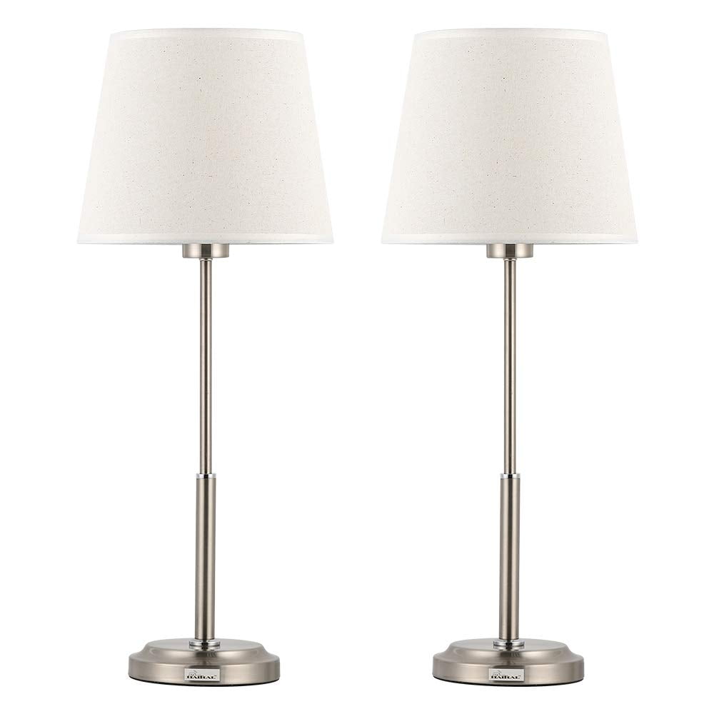 Metal Modern Lamp, Linen Fabric Shade with Circular Base, Set of 2 - Silver