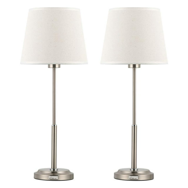 Metal Modern Lamp, Linen Fabric Shade with Circular Base, Set of 2 - Silver