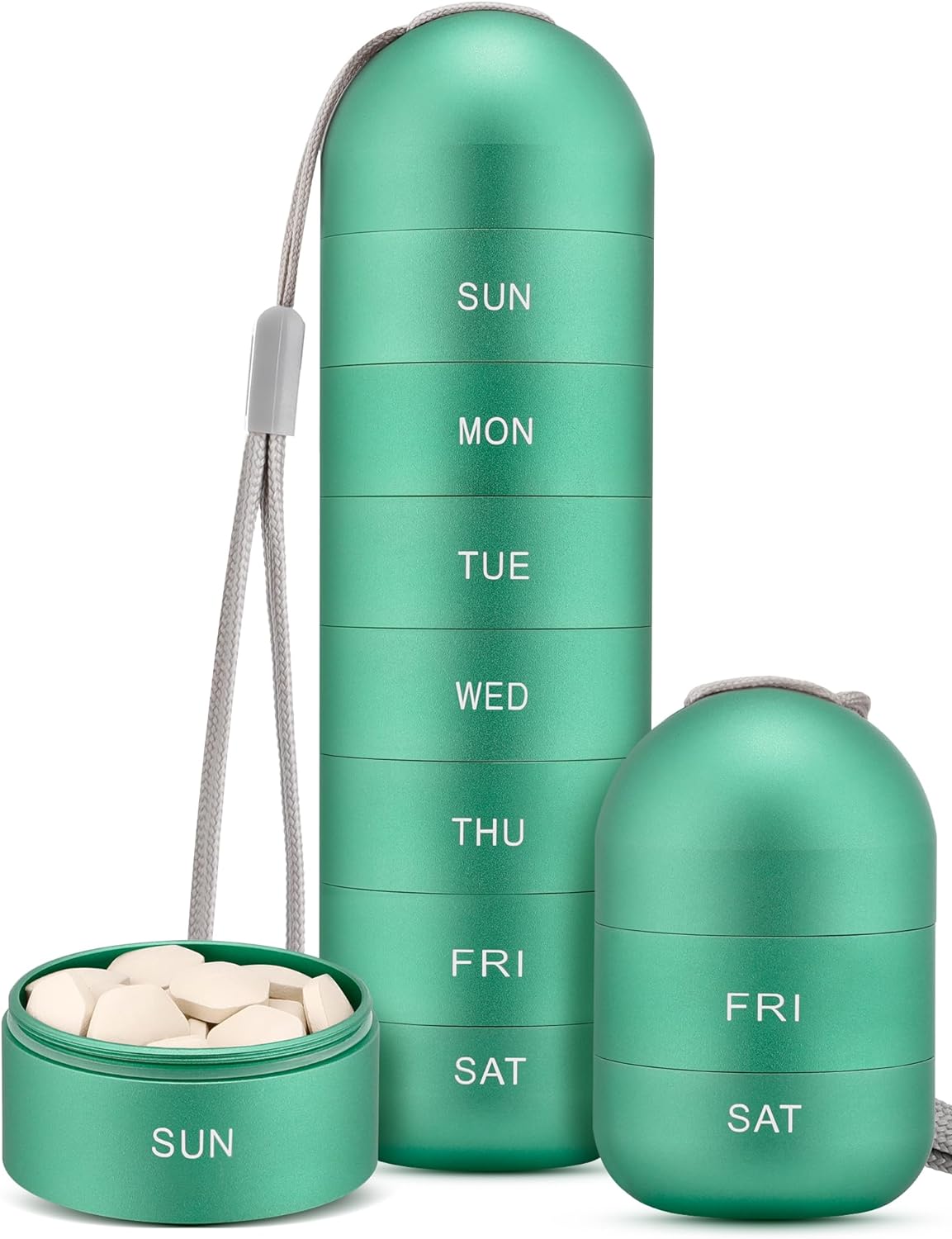 Metal Moisture Proof Weekly Pill Organizer, Stackable Aluminum Alloy BPA Free Travel Hiking 7 Day Pill Box Case Waterproof and Large Compartment to Hold Pills, Vitamins, Fish Oil, Supplements