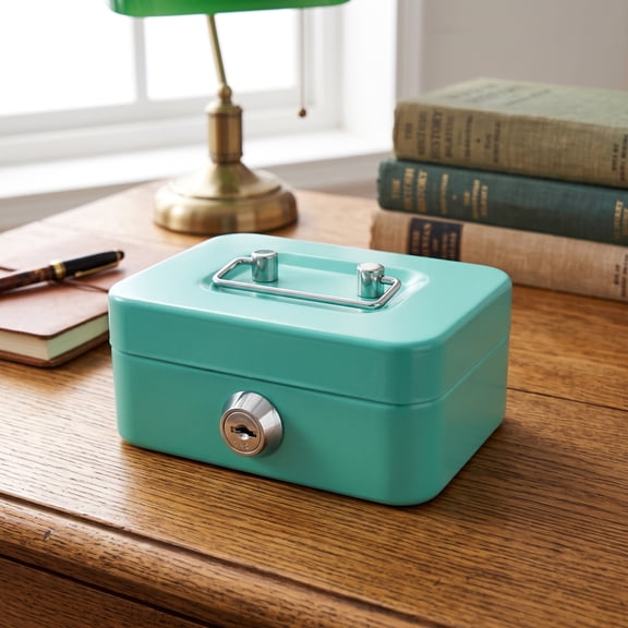 Metal Money Box with Lock, Mint Green Cash Organizer, Small Security Box for Home and Office