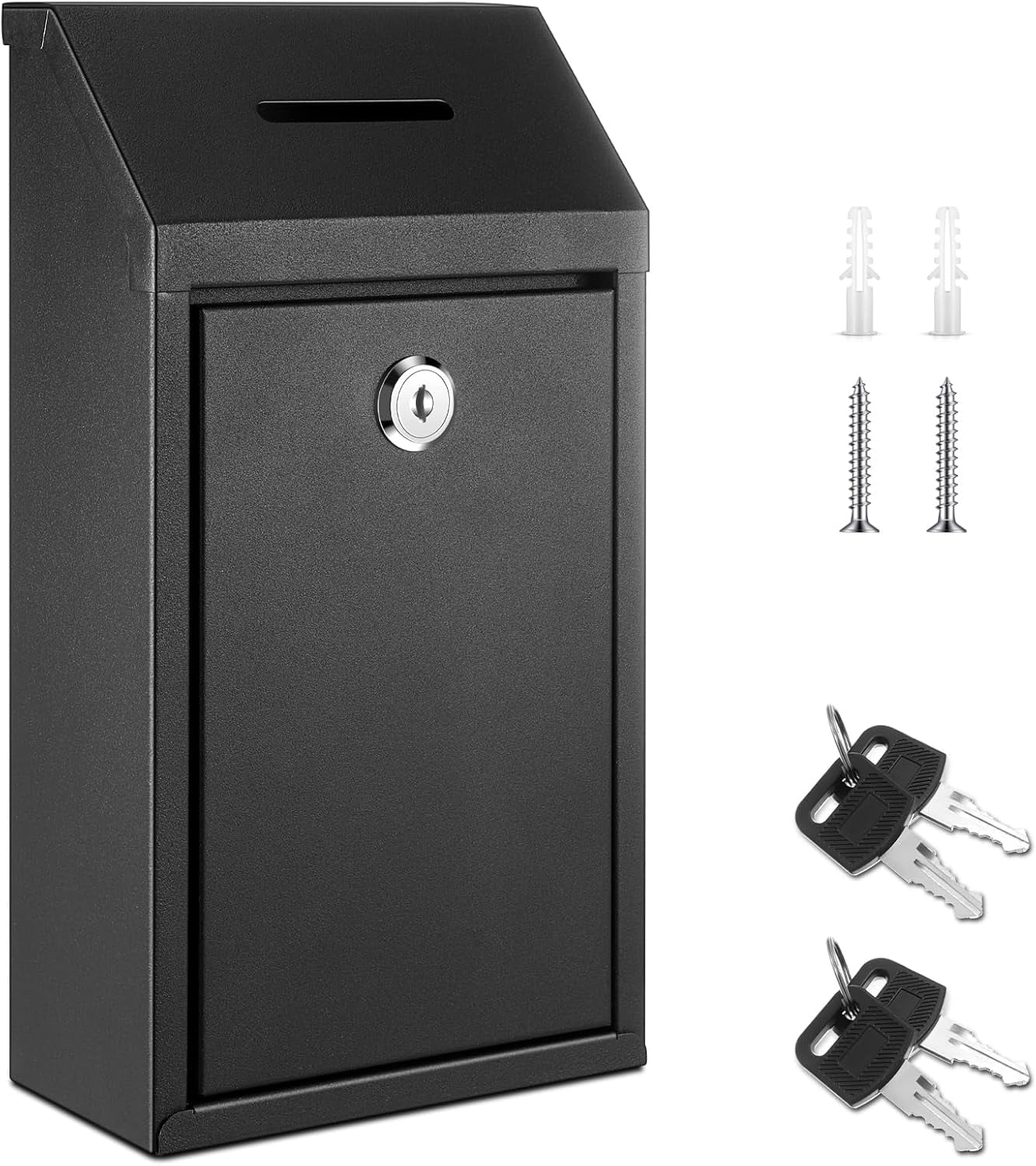 Metal Money Drop Donation Cash Box for Farm Stand Collection Safe Suggestion with Lock Wall Mounted Mailbox Container Home Office Outdoor(Black,10.24 x 5.71 2.95 Inch)