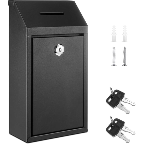 Metal Money Drop Donation Cash Box for Farm Stand Collection Safe Suggestion Box with Lock Wall Mounted Mailbox Container for Home Office Outdoor(Black,10.24 x 5.71 x 2.95 Inch)