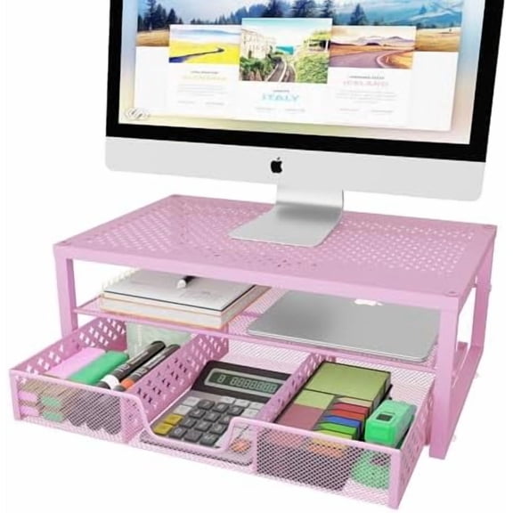 Metal Monitor Stand Riser and Computer Desk Organizer with Drawer for Laptop, Computer, iMac, Pink