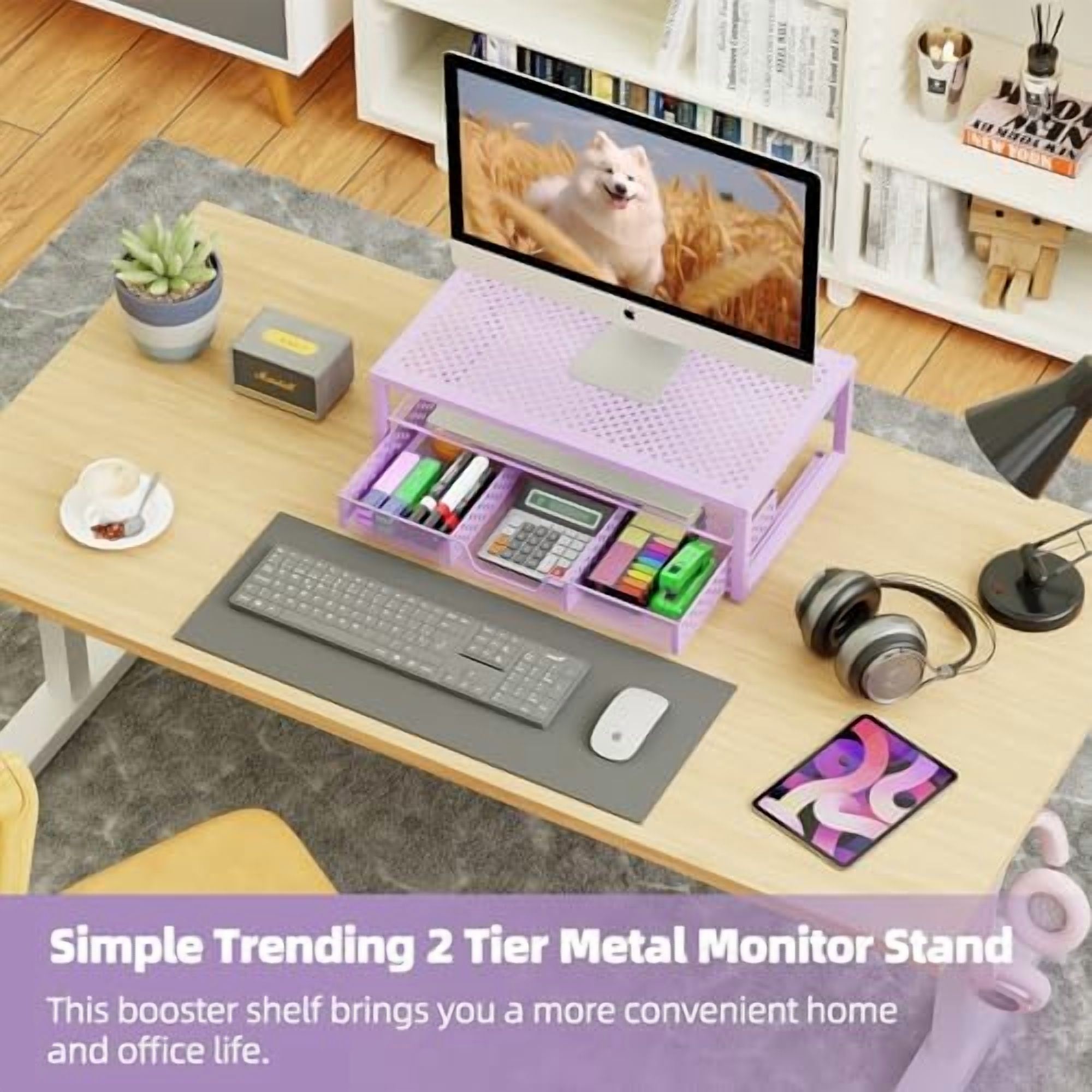Metal Monitor Stand Riser and Computer Desk Organizer with Drawer for ...