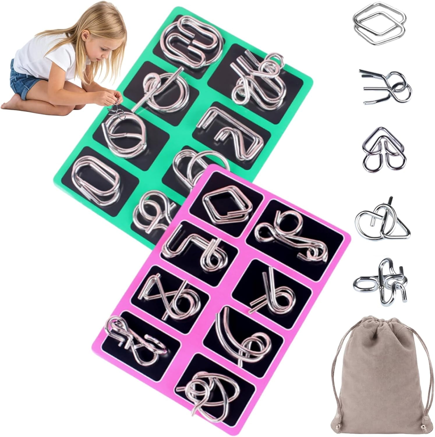 Metal Montessori Puzzle Solving, Metal Brain Teaser Puzzles, Steel IQ Games Physics Mind Metal Puzzles for Adults, for Party Favor Challenge, with Pouch