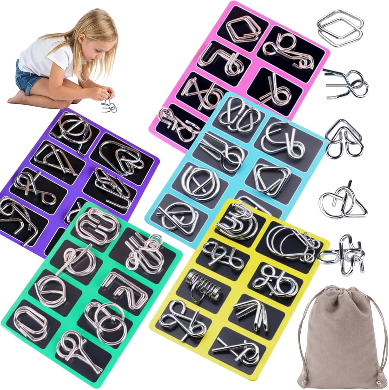 Metal Montessori Puzzle Solving, Metal Brain Teaser Puzzles, Steel IQ Games Physics Mind Metal Puzzles for Adults, for Party Favor Challenge, with Pouch (Style A+B+C+D+E)