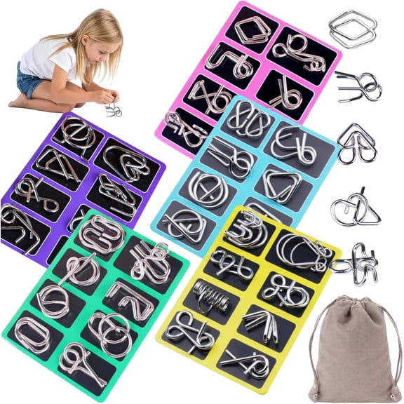 Metal Montessori Puzzle Solving, Metal Brain Teaser Puzzles, Steel IQ Games Physics Mind Metal Puzzles for Adults, for Party Favor Challenge, with Pouch (Style A+B+C+D+E)