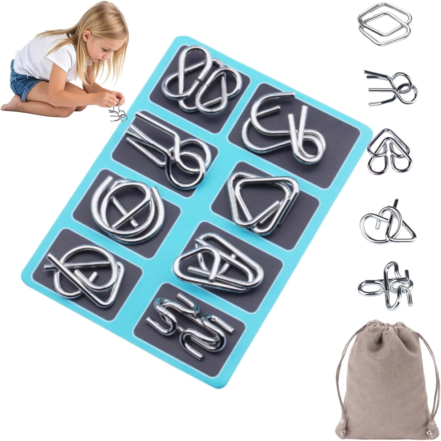 Metal Montessori Puzzle Solving, Metal Brain Teaser Puzzles, Steel IQ Games Physics Mind Metal Puzzles for Adults, for Party Favor Challenge, with Pouch (Style A+B+C+D+E)