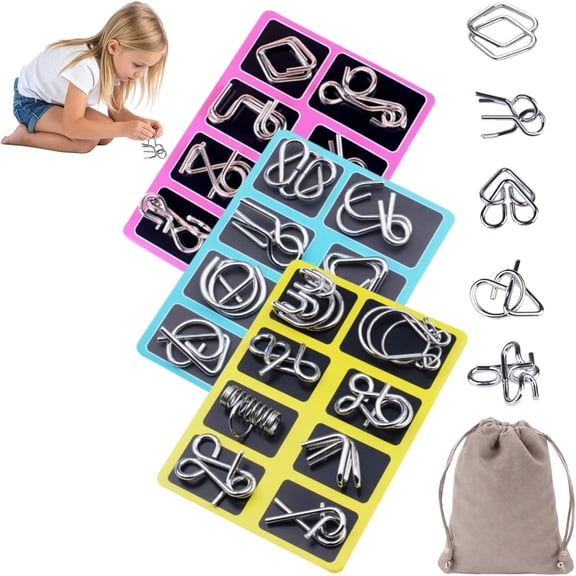 Metal Montessori Puzzle Solving, Metal Brain Teaser Puzzles, Steel IQ Games Physics Mind Metal Puzzles for Adults, for Party Favor Challenge, with Pouch